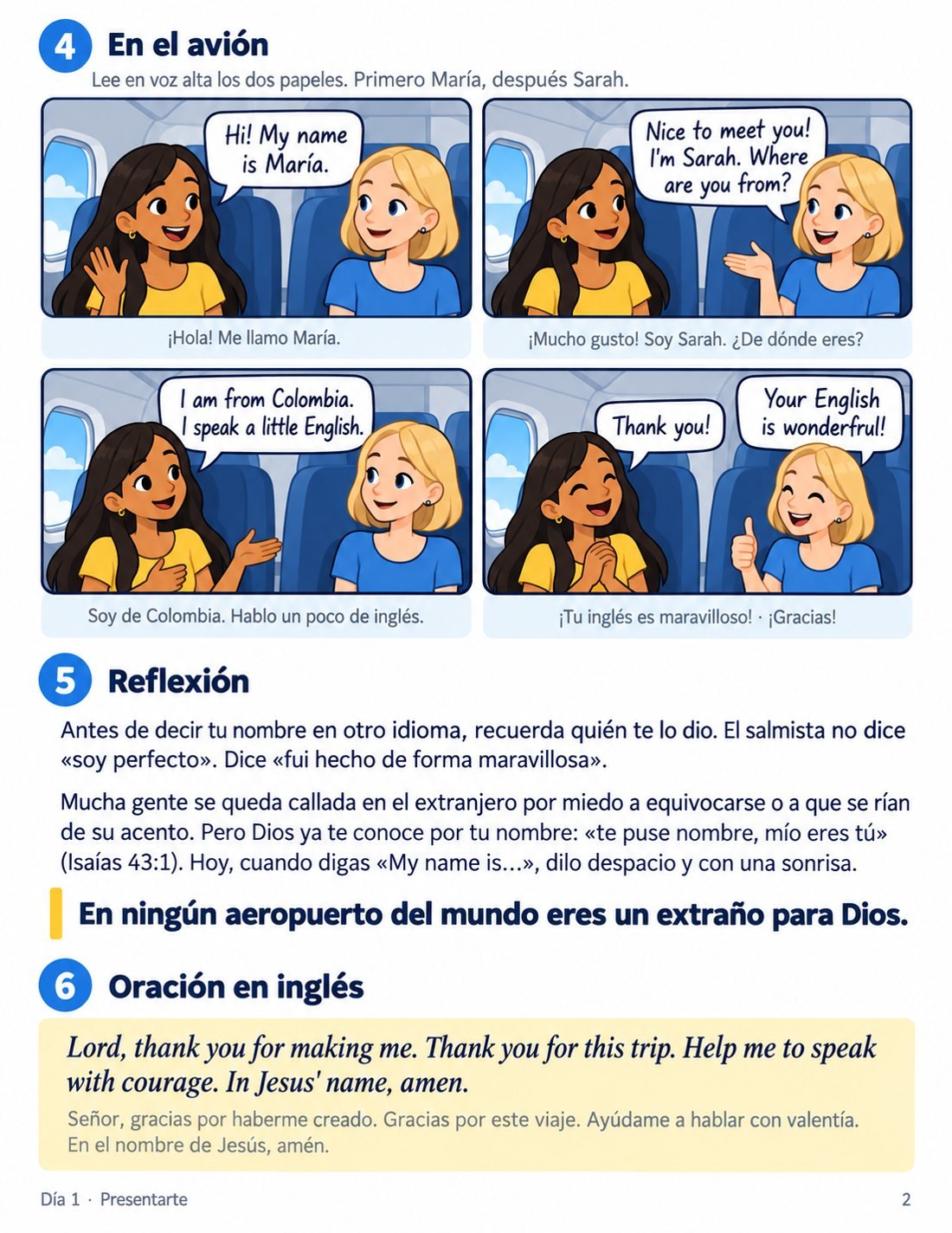 Página 2: historia en cómic, reflexión y oración